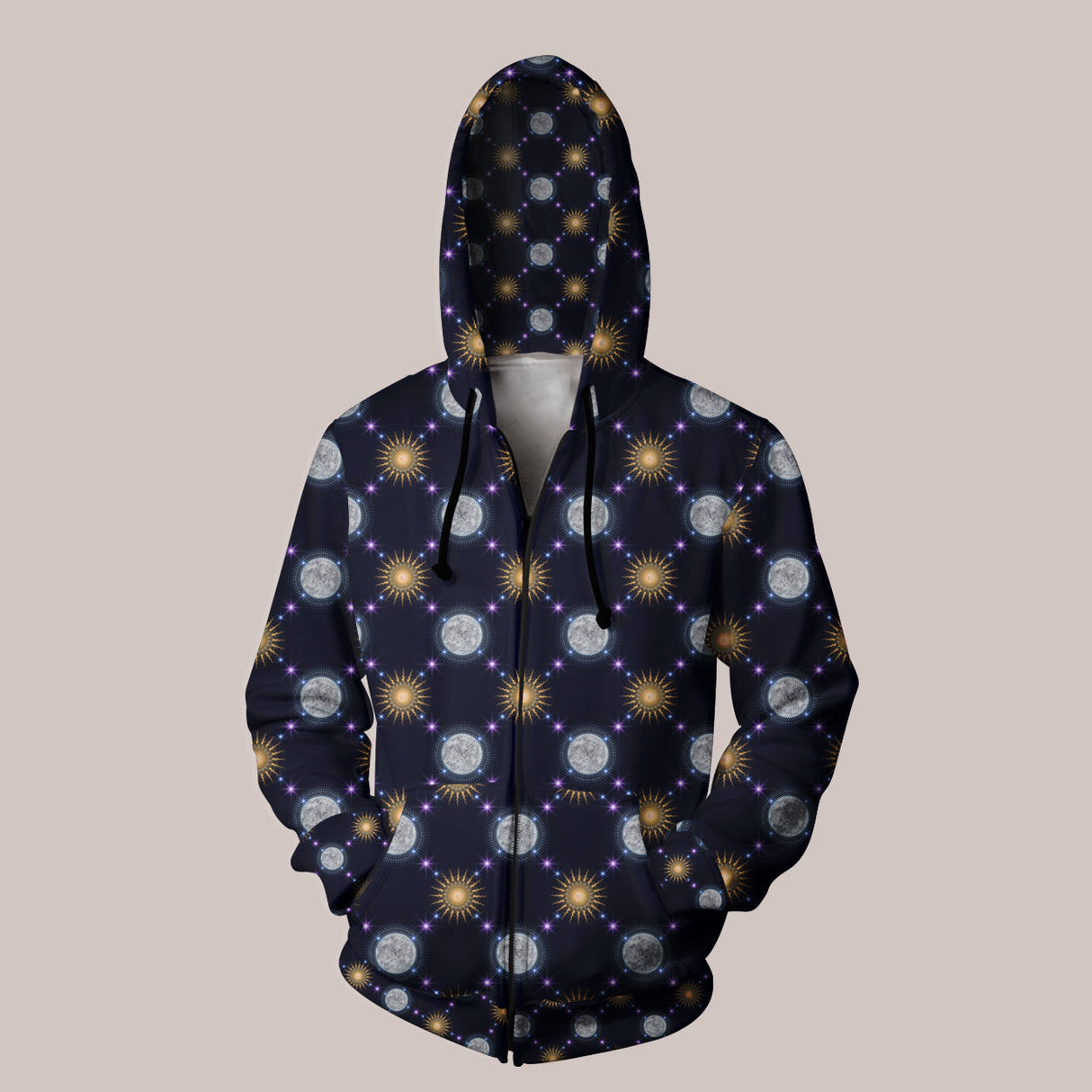 Celestial Bodies sun & moon esoteric hoodie with mystical design