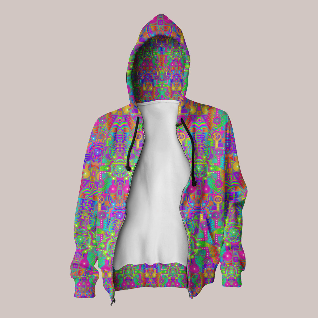 Bold statement hoodie with comfy fabric and vibrant neo-shamanic pattern