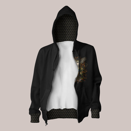 Open - Trippy Forest Owl Zip-Up Hoodie by Samuel Farrand