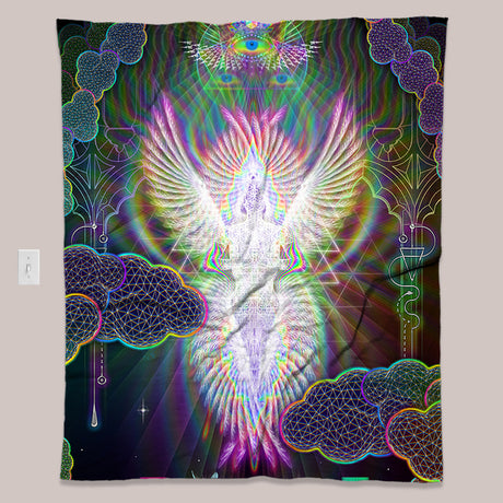 Iridescent Angel Tapestry by Samuel Farrand in Neon Psychedelic Cityscape